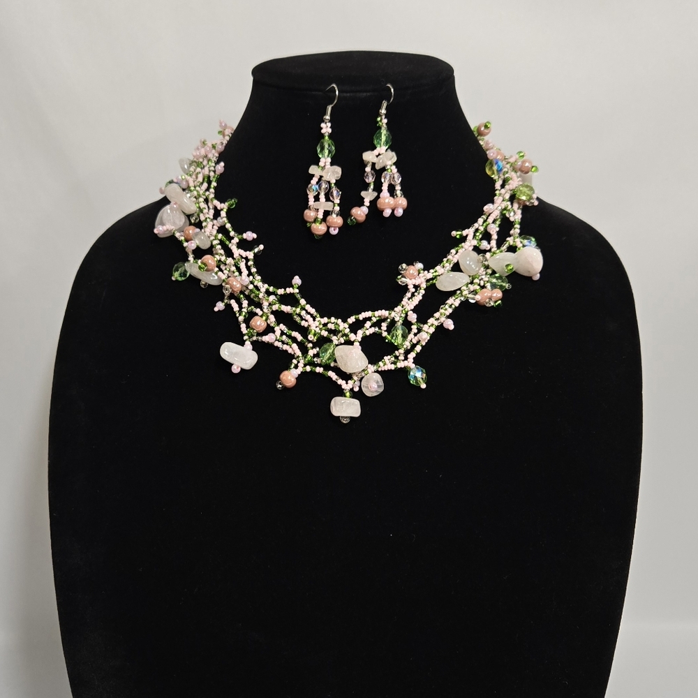White Rosa Quartz Beaded Necklace And Earrings #1050